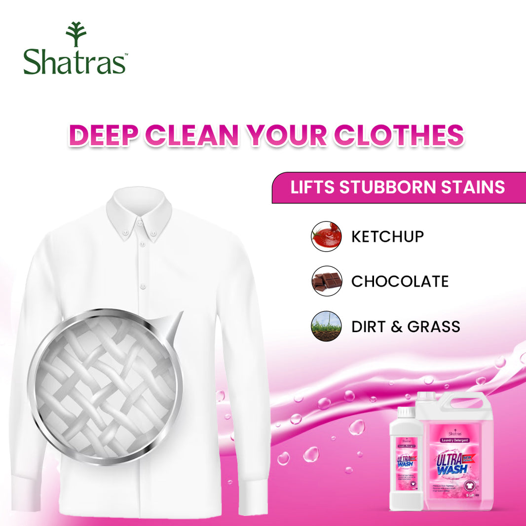 Shatras Ultra Wash Liquid Detergent – 1L & 5L Combo Powerful Stain Removal with One Scoop (Pink)